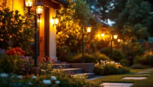 A photograph of a lighting contractor skillfully installing a variety of stylish outdoor lights in a beautifully landscaped garden during the golden hour