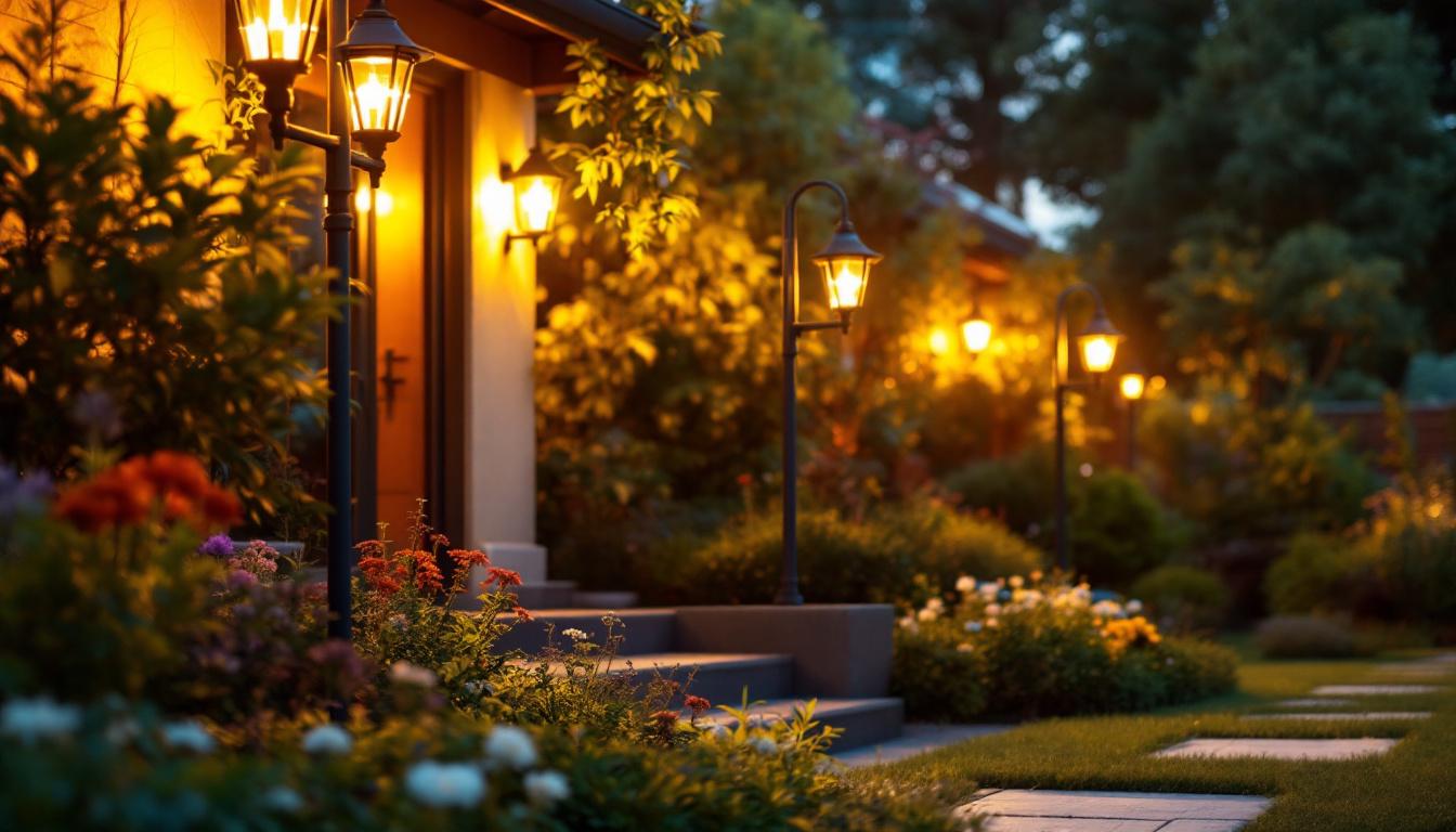 A photograph of a lighting contractor skillfully installing a variety of stylish outdoor lights in a beautifully landscaped garden during the golden hour