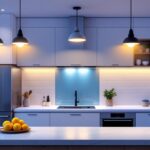 A photograph of a well-lit kitchen showcasing various lighting fixtures