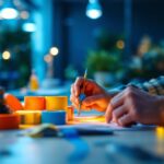 A photograph of a skilled lighting contractor using colorful tape to organize and manage smart lighting installations