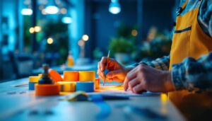 A photograph of a skilled lighting contractor using colorful tape to organize and manage smart lighting installations