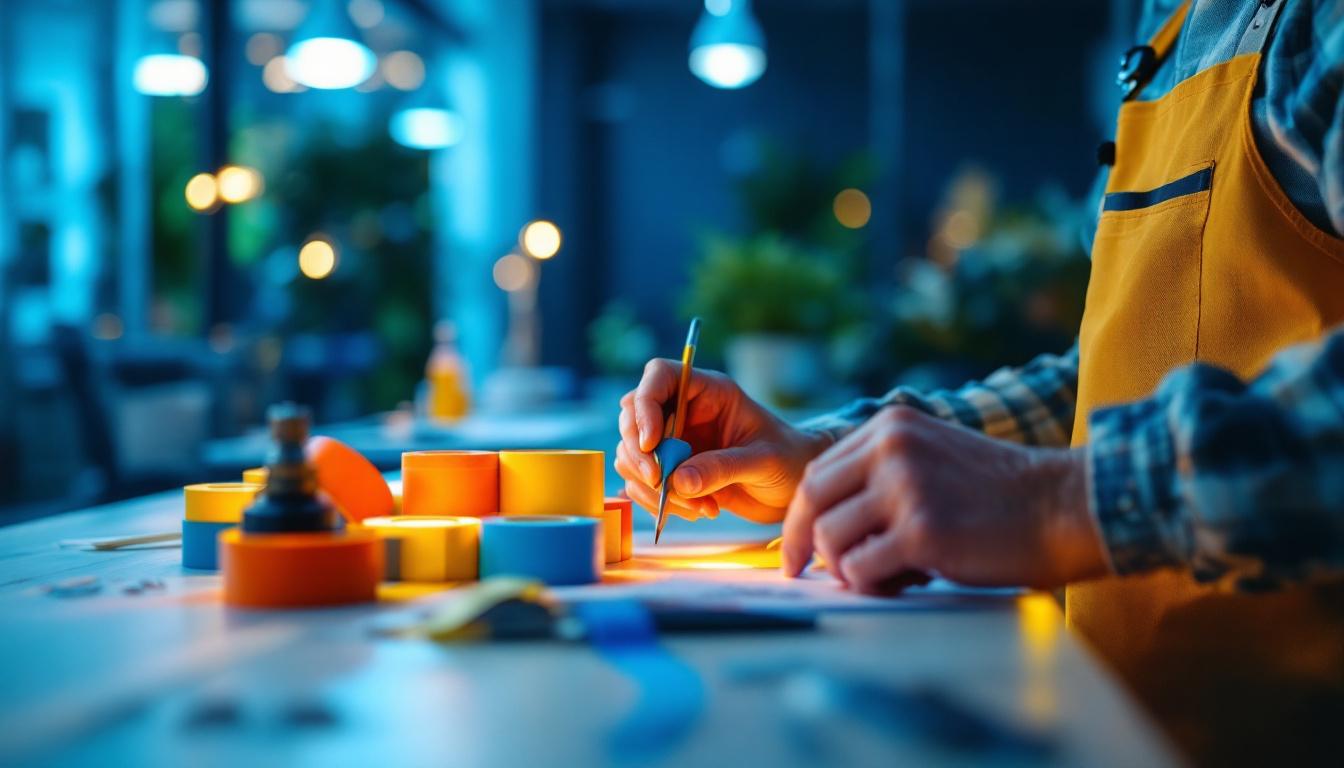 A photograph of a skilled lighting contractor using colorful tape to organize and manage smart lighting installations