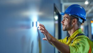 A photograph of a lighting contractor inspecting or installing a wall occupancy sensor in a modern commercial space