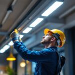 A photograph of a lighting contractor expertly installing white led track lighting in a modern commercial space