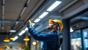 A photograph of a lighting contractor expertly installing white led track lighting in a modern commercial space