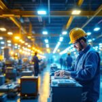 A photograph of a well-lit manufacturing facility showcasing efficient lighting solutions