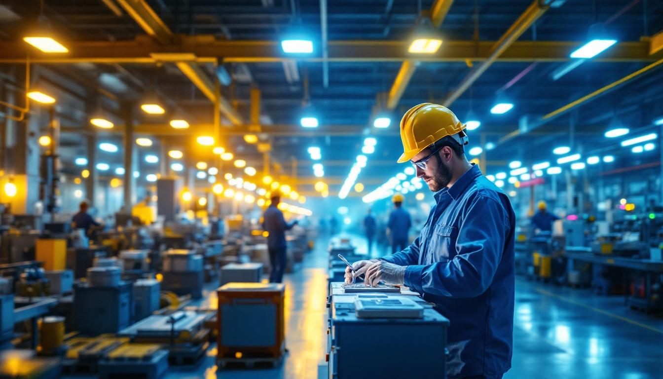 A photograph of a well-lit manufacturing facility showcasing efficient lighting solutions