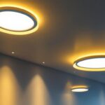 A photograph of a well-lit room showcasing various sizes of recessed lighting fixtures installed in the ceiling