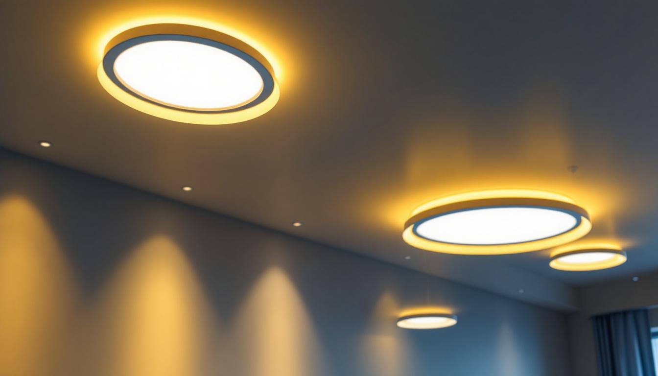 A photograph of a well-lit room showcasing various sizes of recessed lighting fixtures installed in the ceiling