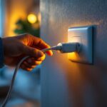 A photograph of a lighting contractor installing a single plug electrical outlet in a residential setting