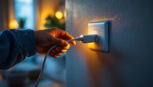 A photograph of a lighting contractor installing a single plug electrical outlet in a residential setting