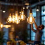 A photograph of a beautifully designed 6-light pendant fixture hanging in a modern