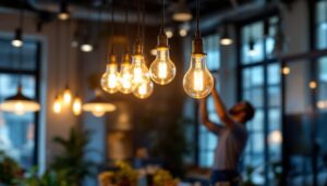 A photograph of a beautifully designed 6-light pendant fixture hanging in a modern