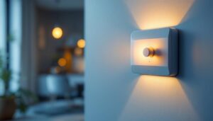 A photograph of a close-up shot of a wall light switch timer installed in a modern home setting