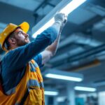 A photograph of a lighting contractor installing t8 fluorescent lights in a commercial space