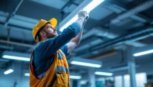 A photograph of a lighting contractor installing t8 fluorescent lights in a commercial space