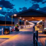 A photograph of a beautifully illuminated boat dock at dusk
