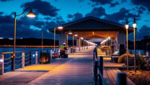 A photograph of a beautifully illuminated boat dock at dusk