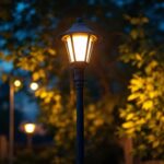 A photograph of a well-lit pole yard light illuminating a commercial or residential outdoor space at dusk