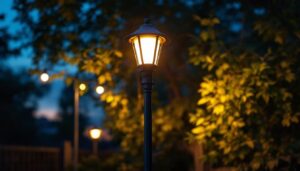 A photograph of a well-lit pole yard light illuminating a commercial or residential outdoor space at dusk