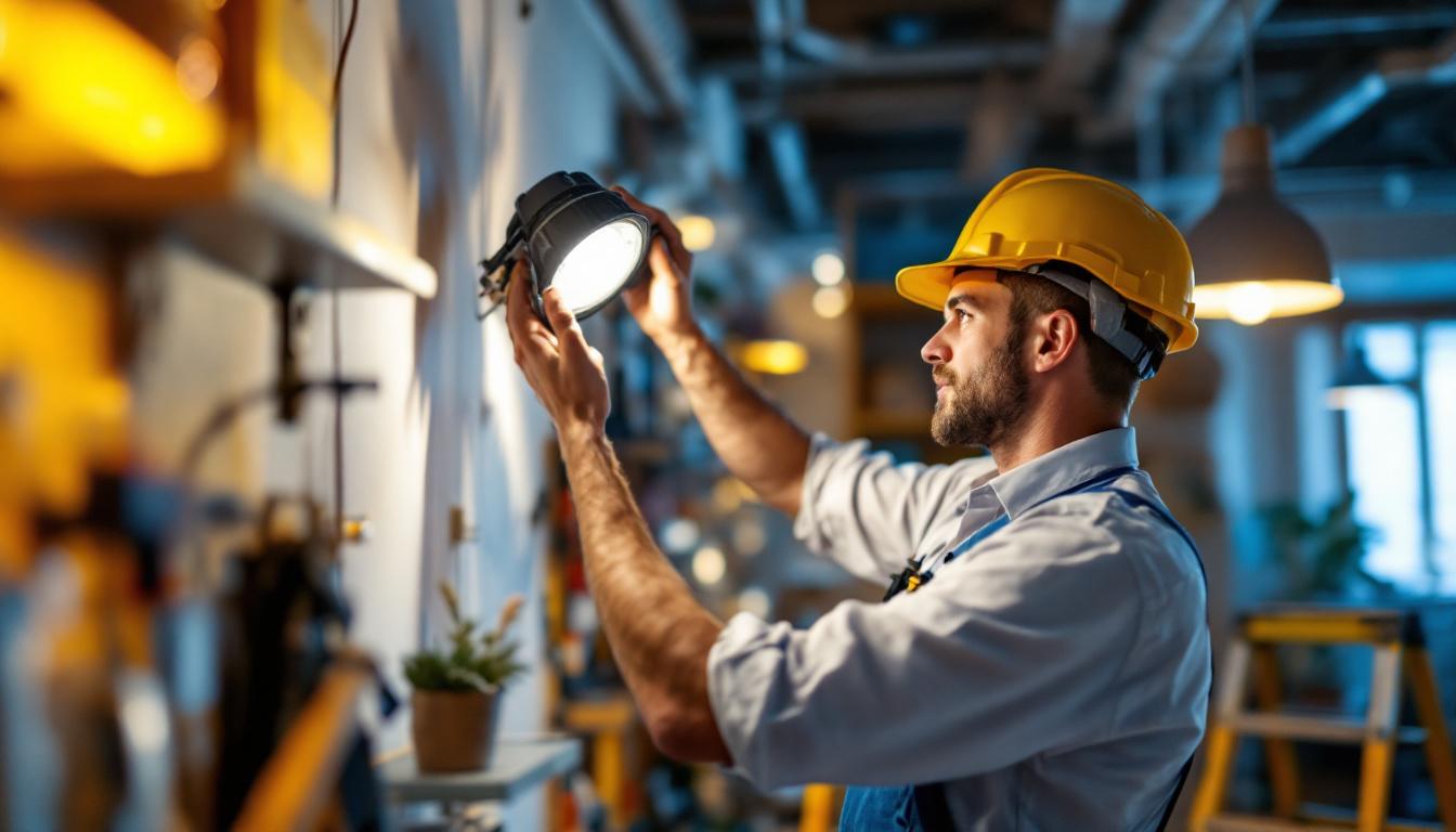 A photograph of a lighting contractor skillfully installing or adjusting various types of lighting fixtures in a well-lit space