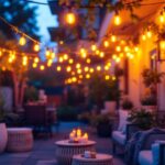 A photograph of a beautifully arranged outdoor scene featuring incandescent string lights elegantly draped above a cozy gathering space