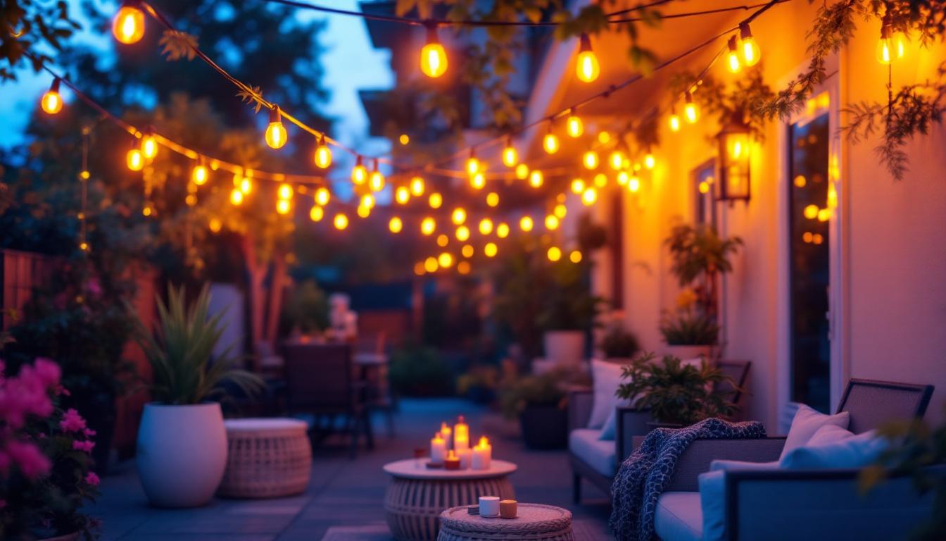 A photograph of a beautifully arranged outdoor scene featuring incandescent string lights elegantly draped above a cozy gathering space