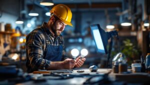 A photograph of a lighting contractor skillfully comparing the br20 and r20 bulbs in a well-lit workshop