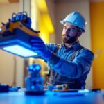 A photograph of a lighting contractor installing or demonstrating the dual lite lighting inverter in a well-lit environment
