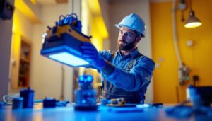 A photograph of a lighting contractor installing or demonstrating the dual lite lighting inverter in a well-lit environment