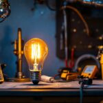 A photograph of capture a photograph of a 25 watt type t lamp illuminated in a well-designed workspace