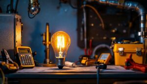 A photograph of capture a photograph of a 25 watt type t lamp illuminated in a well-designed workspace