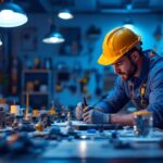 A photograph of a dynamic lighting contractor at work