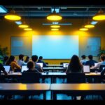 A photograph of a modern classroom featuring bright led lights