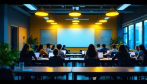 A photograph of a modern classroom featuring bright led lights