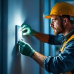 A photograph of capture a photograph of a professional lighting contractor inspecting or installing a duplex ac outlet in a well-lit residential setting