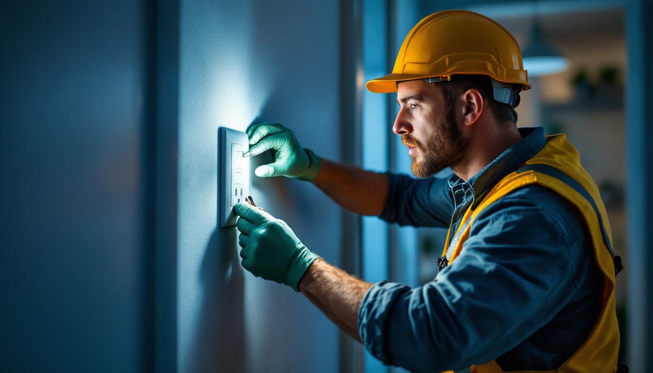A photograph of capture a photograph of a professional lighting contractor inspecting or installing a duplex ac outlet in a well-lit residential setting