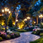 A photograph of a beautifully illuminated garden scene featuring elegant light poles