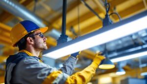 A photograph of a lighting contractor installing a sleek