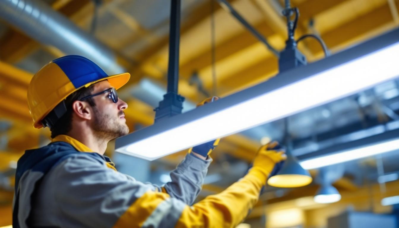 A photograph of a lighting contractor installing a sleek