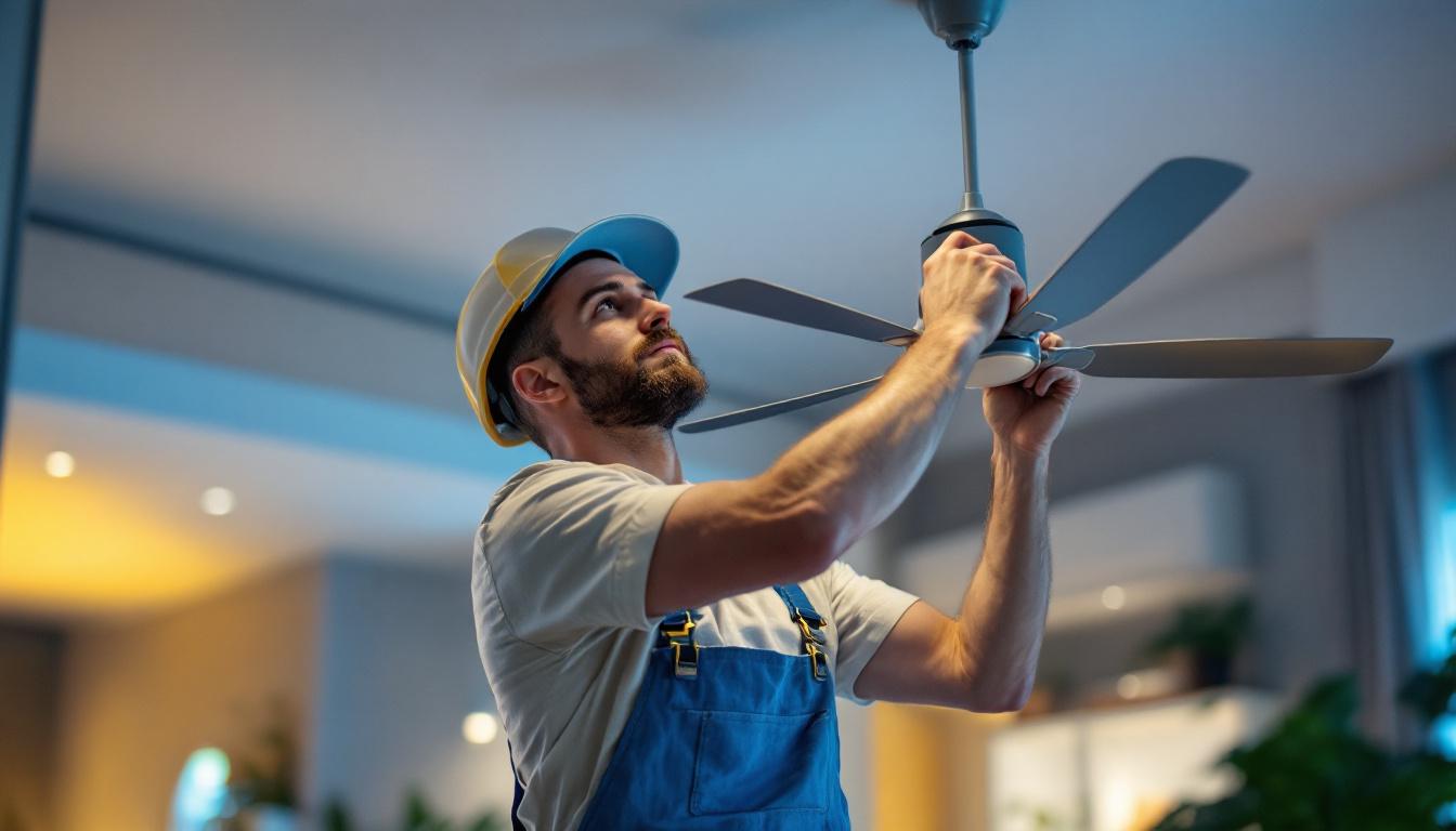 A photograph of a lighting contractor expertly installing or adjusting a stylish cilen fan in a modern