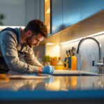 A photograph of a skilled lighting contractor installing sleek under counter led lights in a modern kitchen