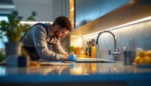 A photograph of a skilled lighting contractor installing sleek under counter led lights in a modern kitchen