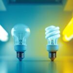 A photograph of a side-by-side comparison of t8 and t12 fluorescent bulbs in their respective fixtures