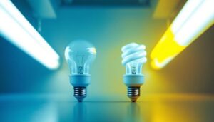 A photograph of a side-by-side comparison of t8 and t12 fluorescent bulbs in their respective fixtures