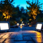 A photograph of a beautifully lit outdoor space showcasing led flood lights illuminating a garden or patio area at dusk