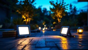 A photograph of a beautifully lit outdoor space showcasing led flood lights illuminating a garden or patio area at dusk
