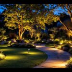A photograph of a beautifully illuminated outdoor space featuring a variety of led landscaping lights highlighting pathways