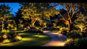 A photograph of a beautifully illuminated outdoor space featuring a variety of led landscaping lights highlighting pathways