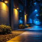A photograph of a well-lit outdoor space showcasing flood lights illuminating a pathway or entrance